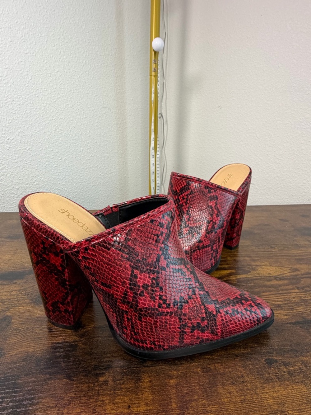 Shoe Dazzle Red Snake-Print Block Heel Mules Like New Size 8